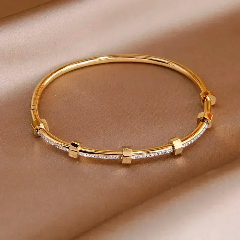 Bracelete de Aço Inoxidável com Zirconia - Prata ou Ouro