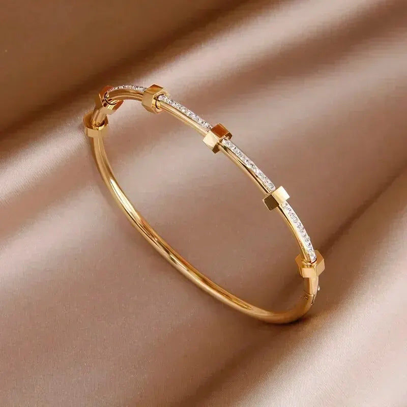 Bracelete de Aço Inoxidável com Zirconia - Prata ou Ouro