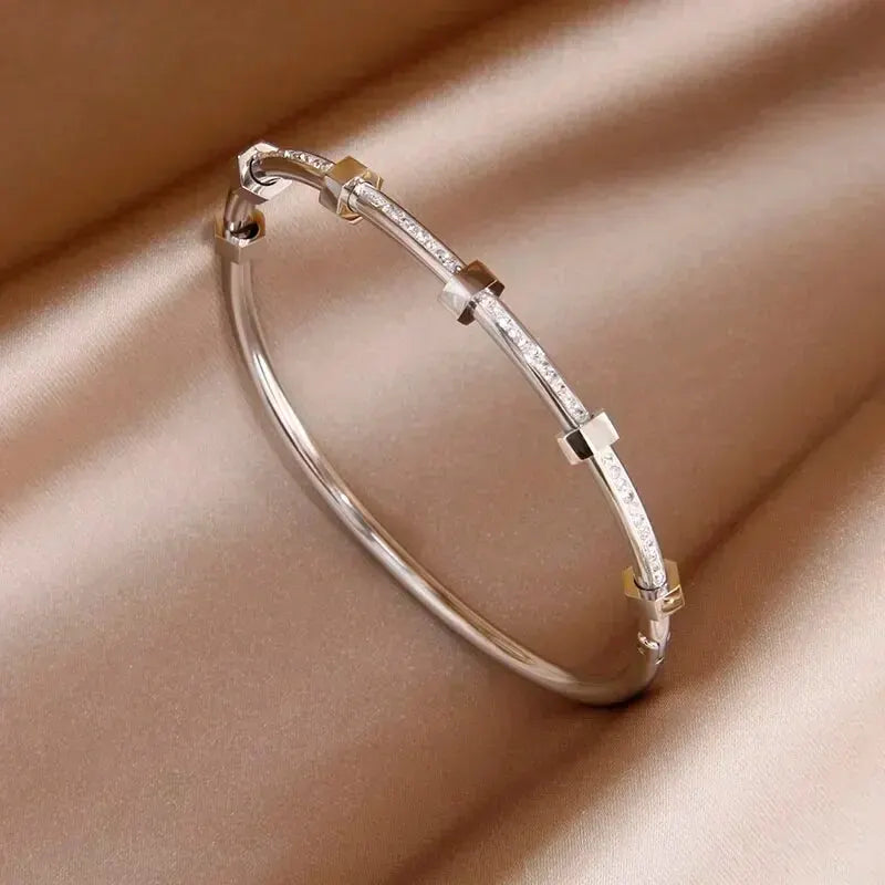 Bracelete de Aço Inoxidável com Zirconia - Prata ou Ouro