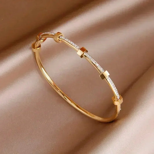 Bracelete de Aço Inoxidável com Zirconia - Prata ou Ouro